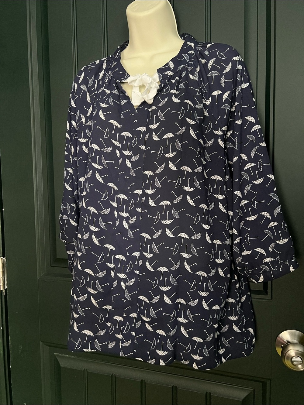 DownEast Navy and White Umbrella Print Long-Sleeve Blouse